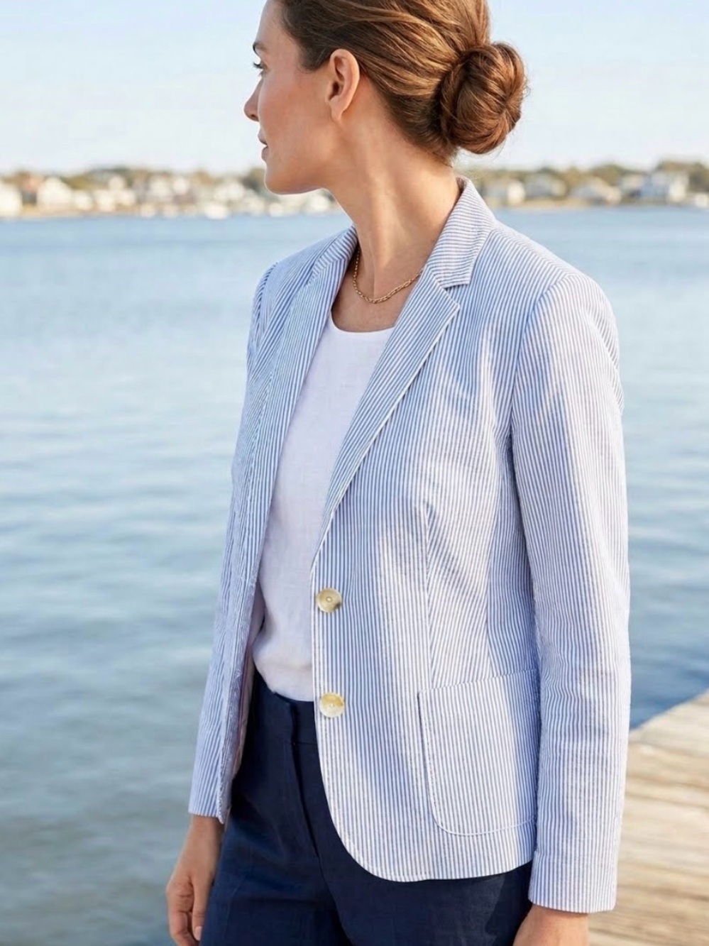 Talbots Blue and White Striped Seersucker Cotton Blazer